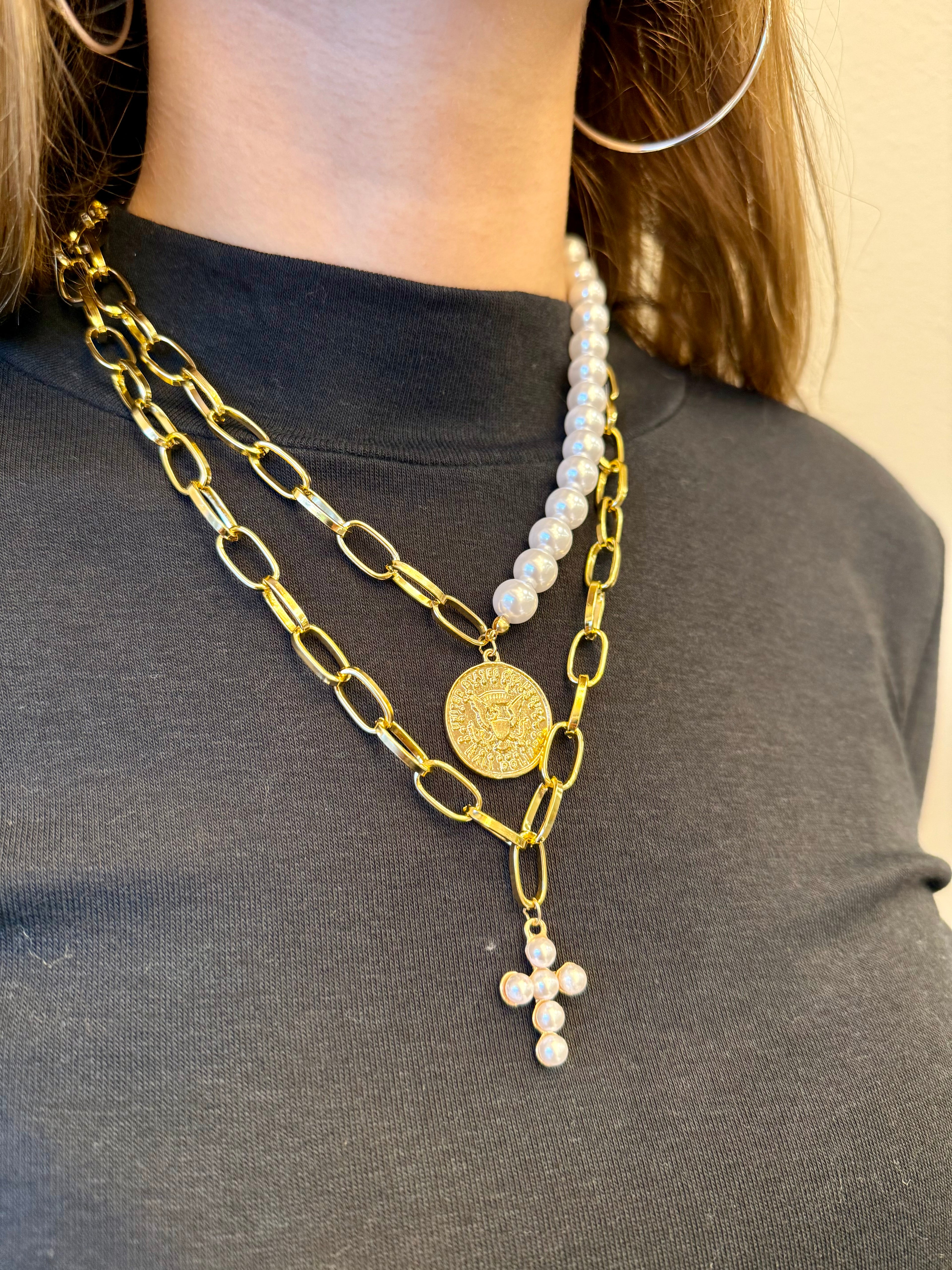 Multi Layer Pearl Cross Necklace