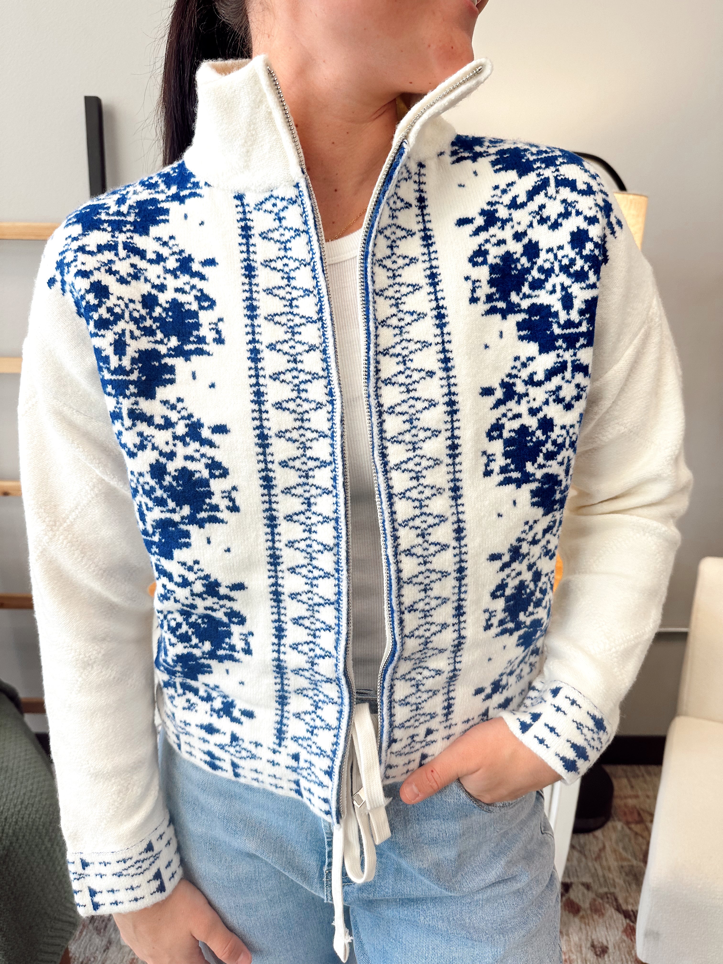 Embroidered Open Zip Sweater