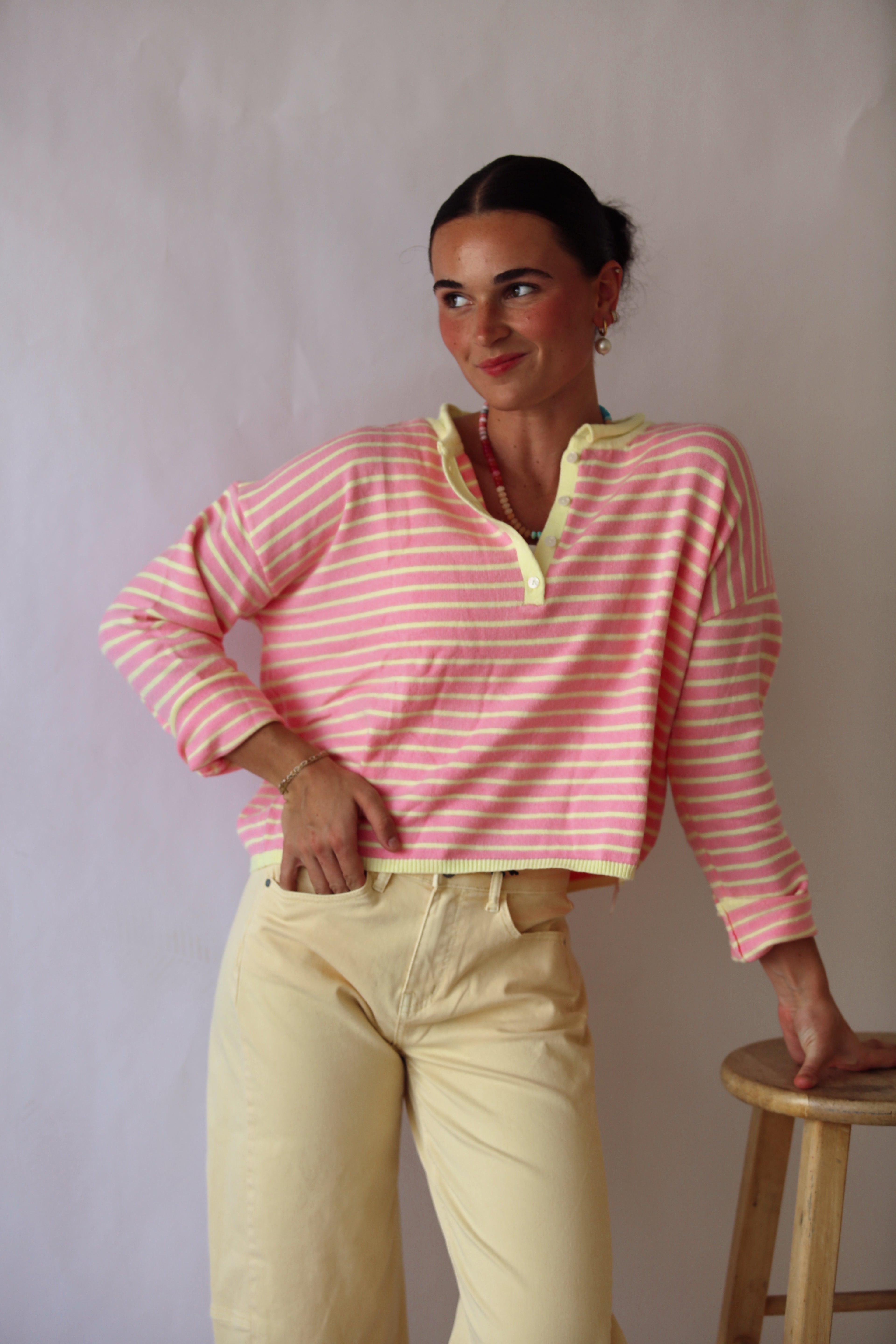 Striped Henley Knit Sweater