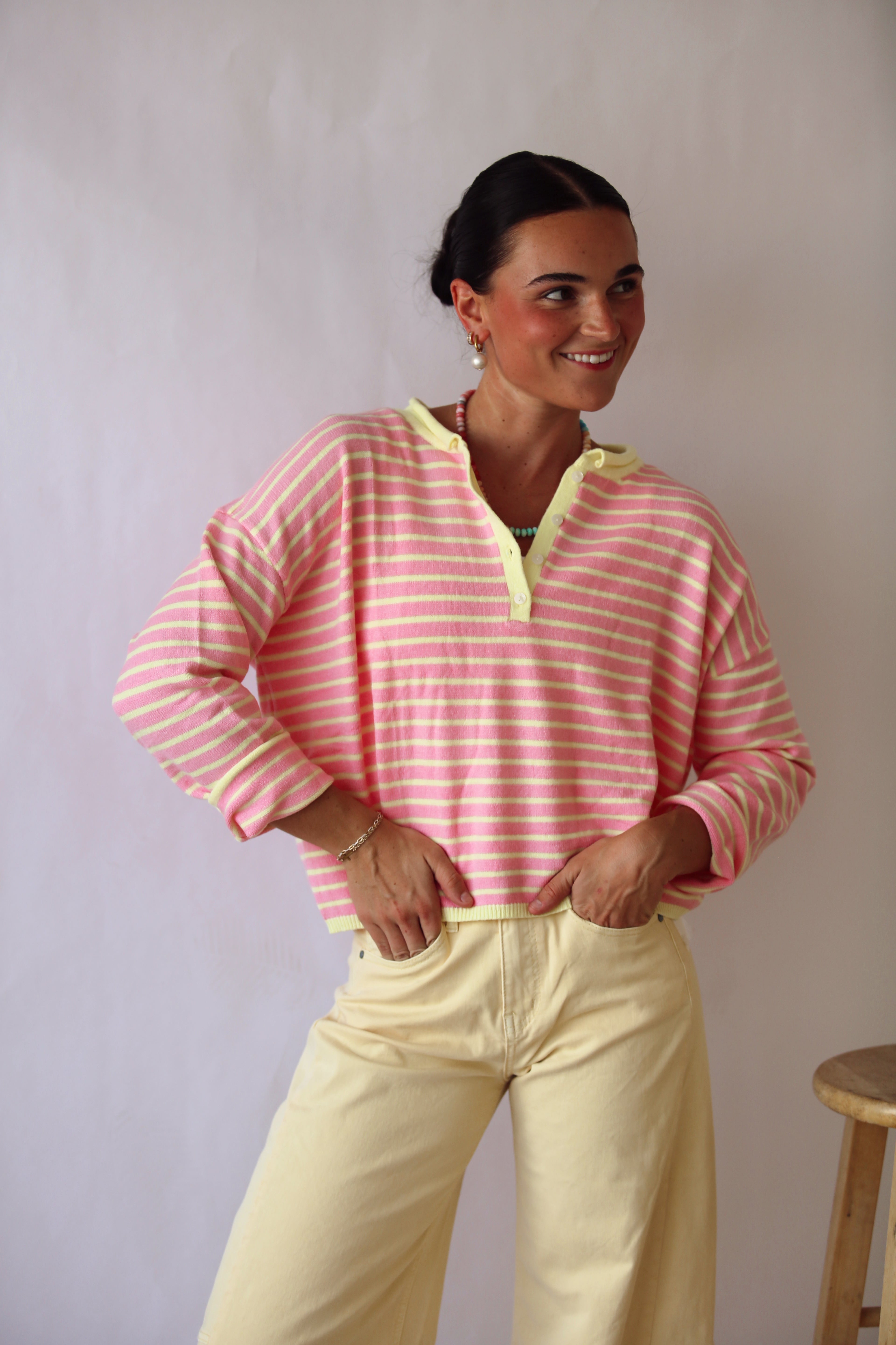 Striped Henley Knit Sweater