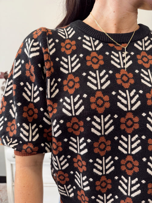 Puff Sleeve Floral Pattern Sweater