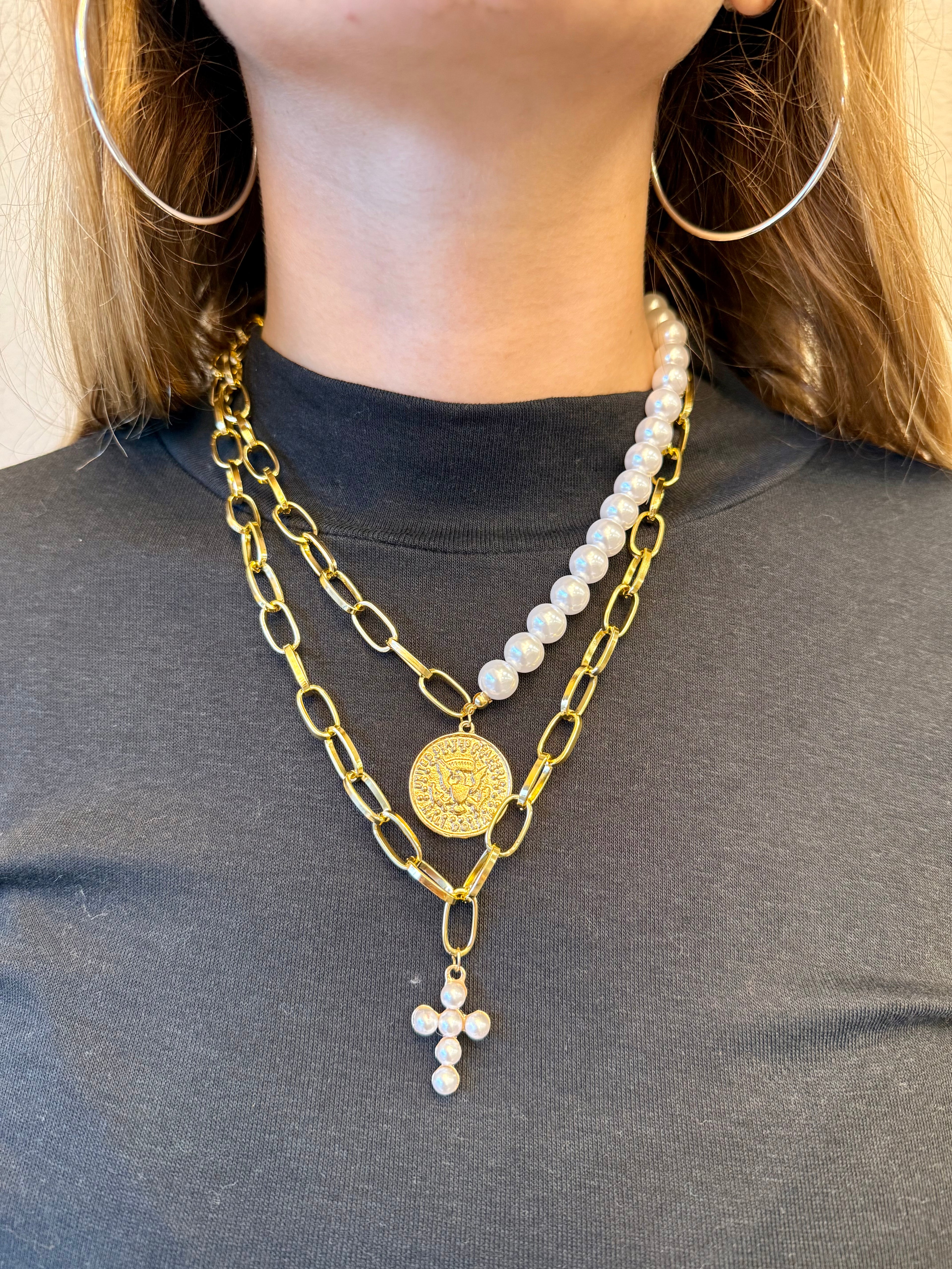 Multi Layer Pearl Cross Necklace