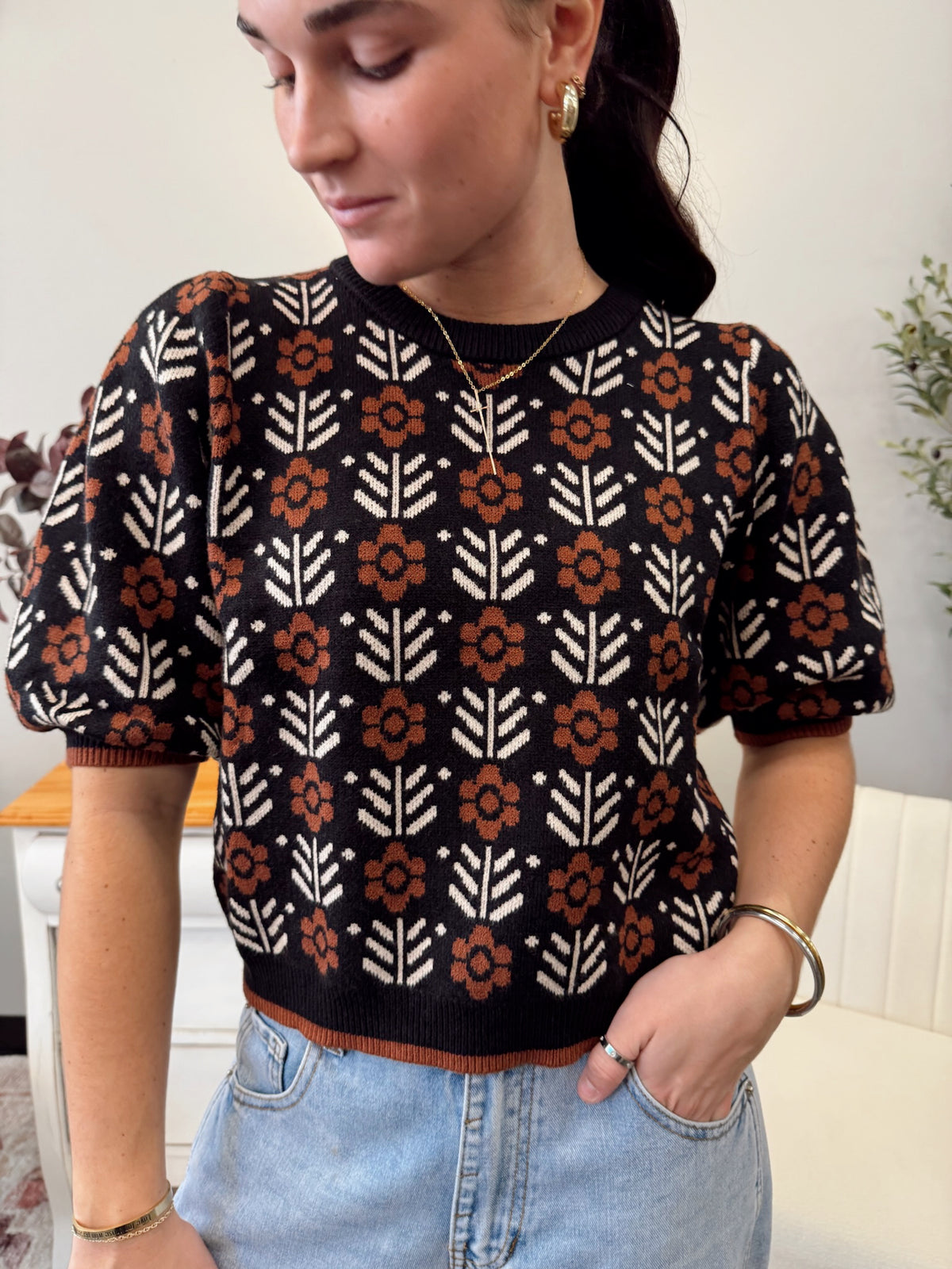 Puff Sleeve Floral Pattern Sweater