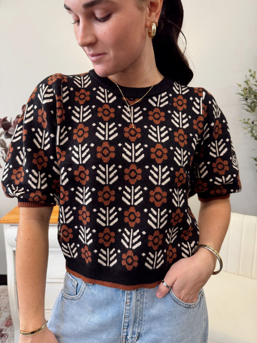 Puff Sleeve Floral Pattern Sweater