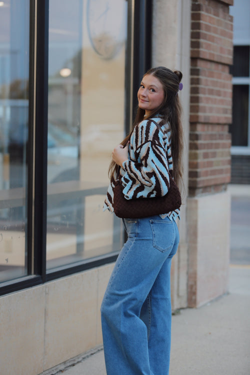 Teal Print Mock Sweater