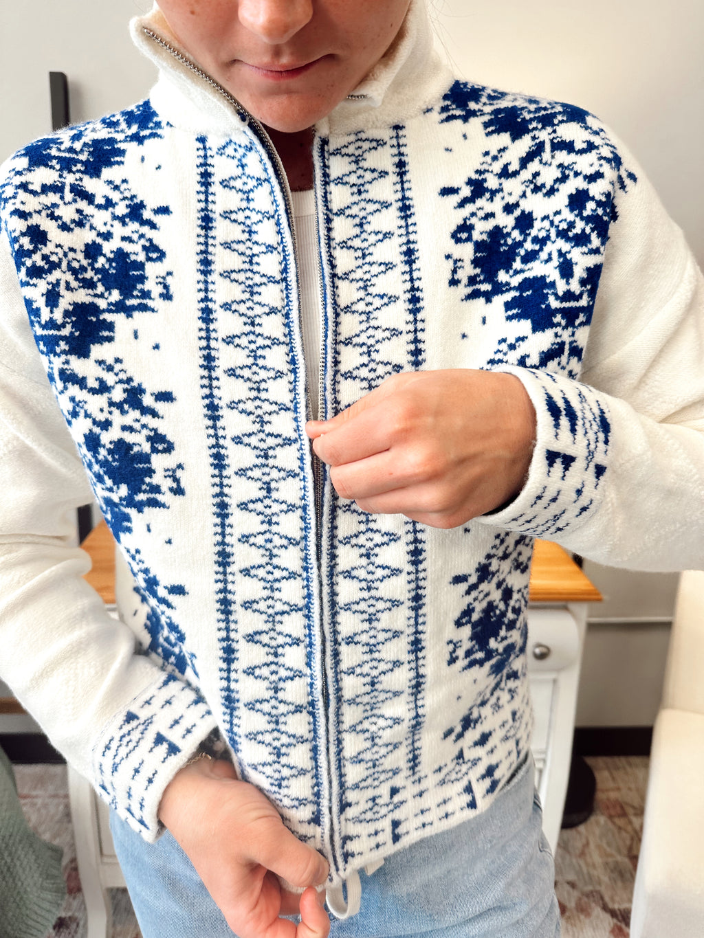 Embroidered Open Zip Sweater