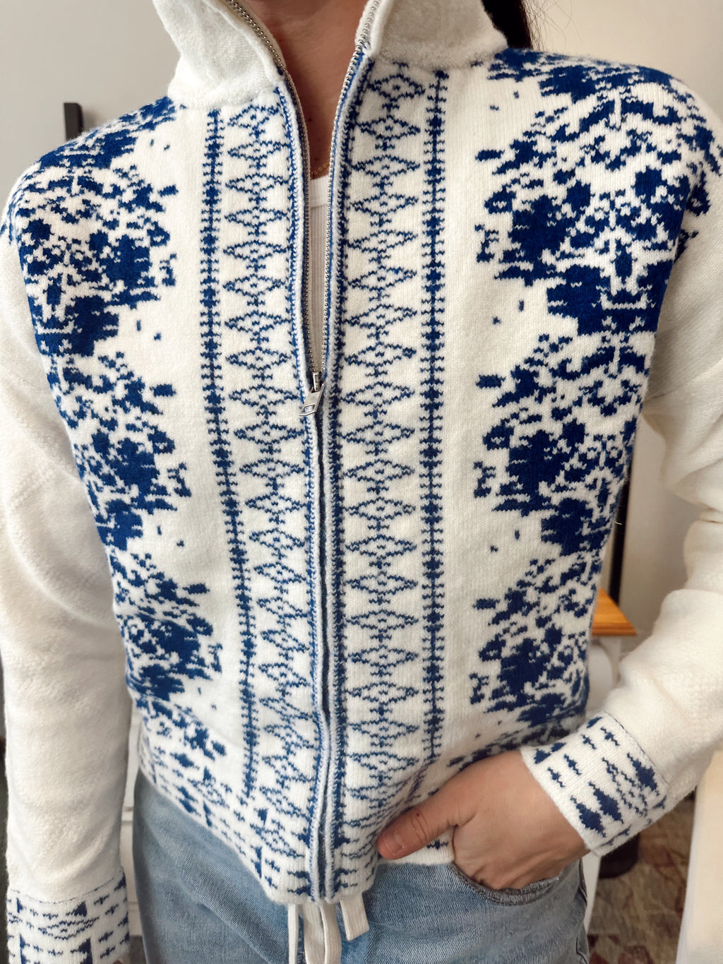 Embroidered Open Zip Sweater