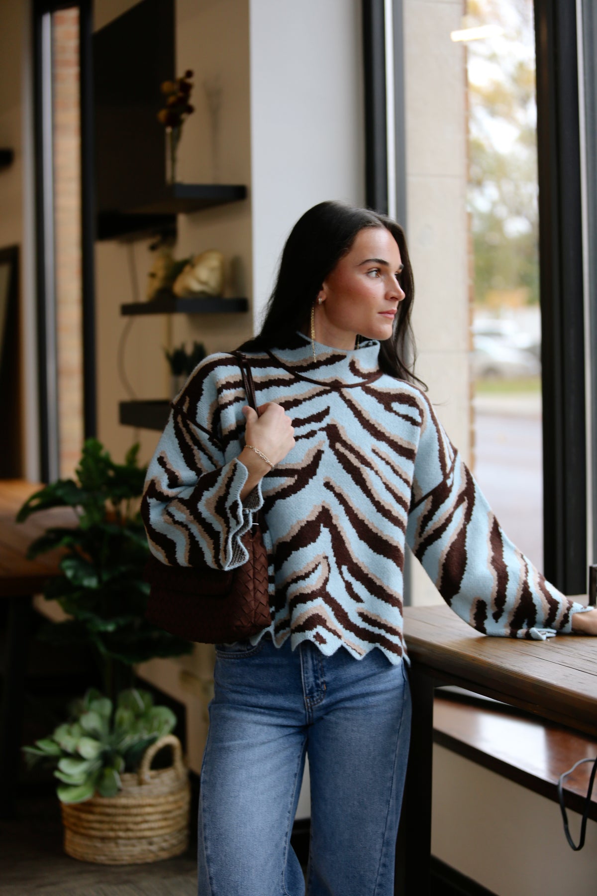 Teal Print Mock Sweater