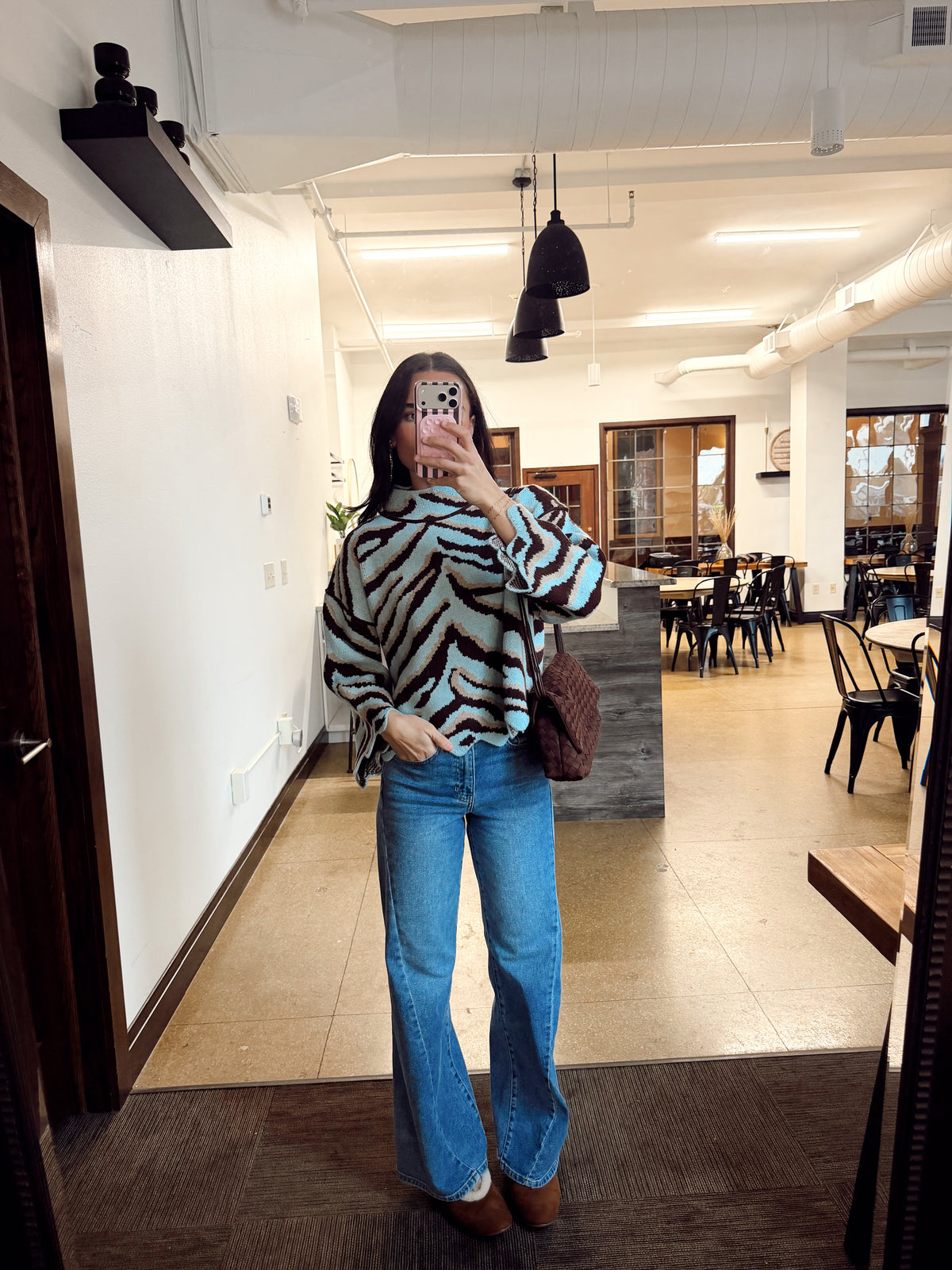 Teal Print Mock Sweater