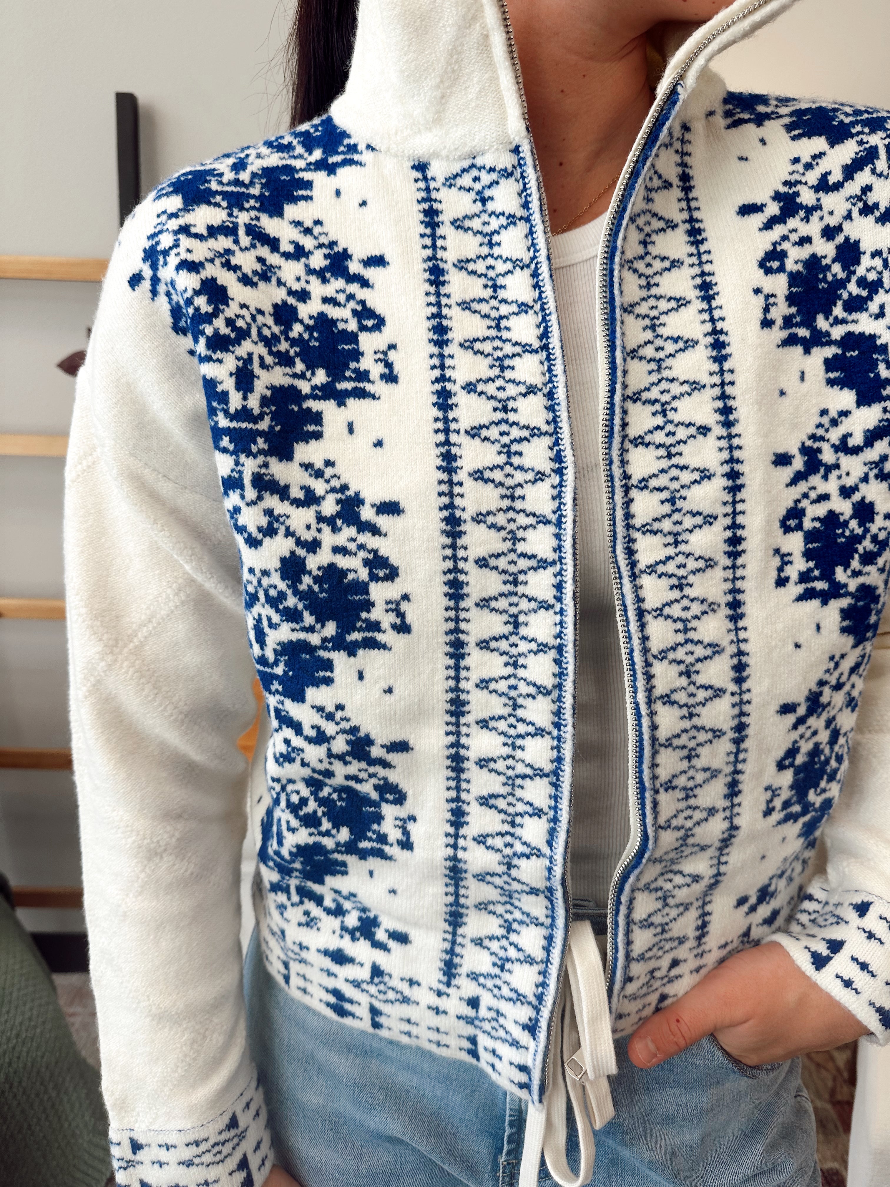 Embroidered Open Zip Sweater