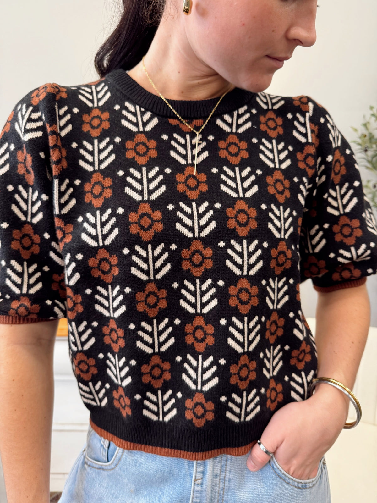 Puff Sleeve Floral Pattern Sweater