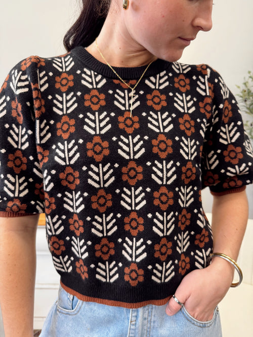 Puff Sleeve Floral Pattern Sweater